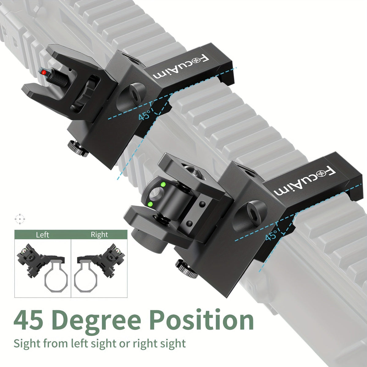 45 Degree Offset Flip Up Iron Sights for AR15 – Fiber Optic Red Green Dots, Tool-Free Adjustable, 20mm Rail Mount, Rapid Transition Backup Canted Sights for Rifle Shooting Outdoors