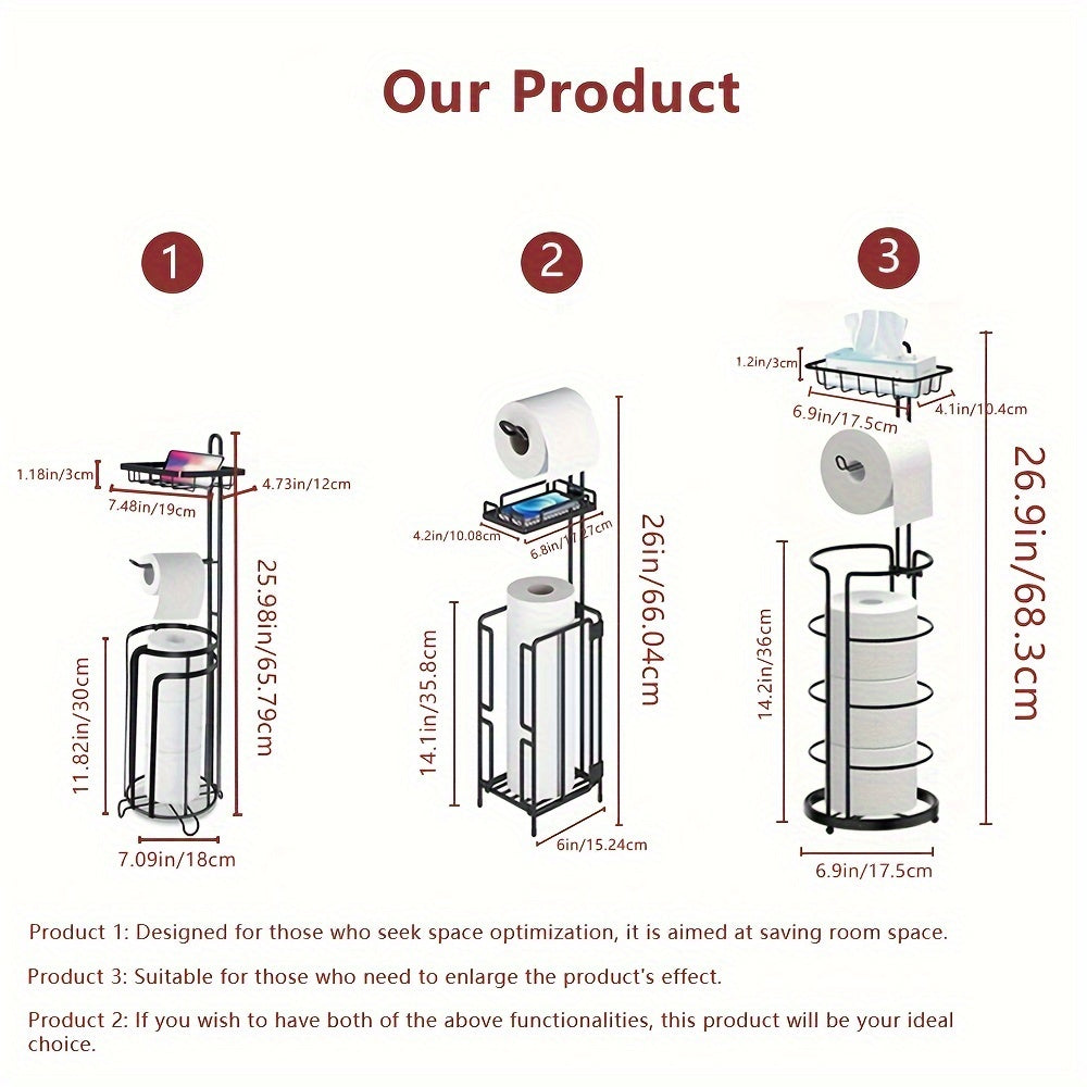 Freestanding Toilet Paper Holder – Metal Stand with 3 Reserve Roll Storage, Modern Bathroom TP Dispenser, No Drilling Required, Housewarming & Christmas Gift
