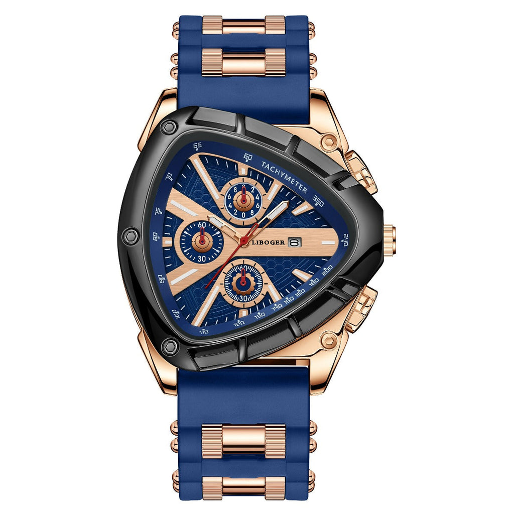Men's Luxury Quartz Watch – Unique Triangular Dial Silicone Band Date Display Chronograph Business Casual Wristwatch 5 Colors Gift