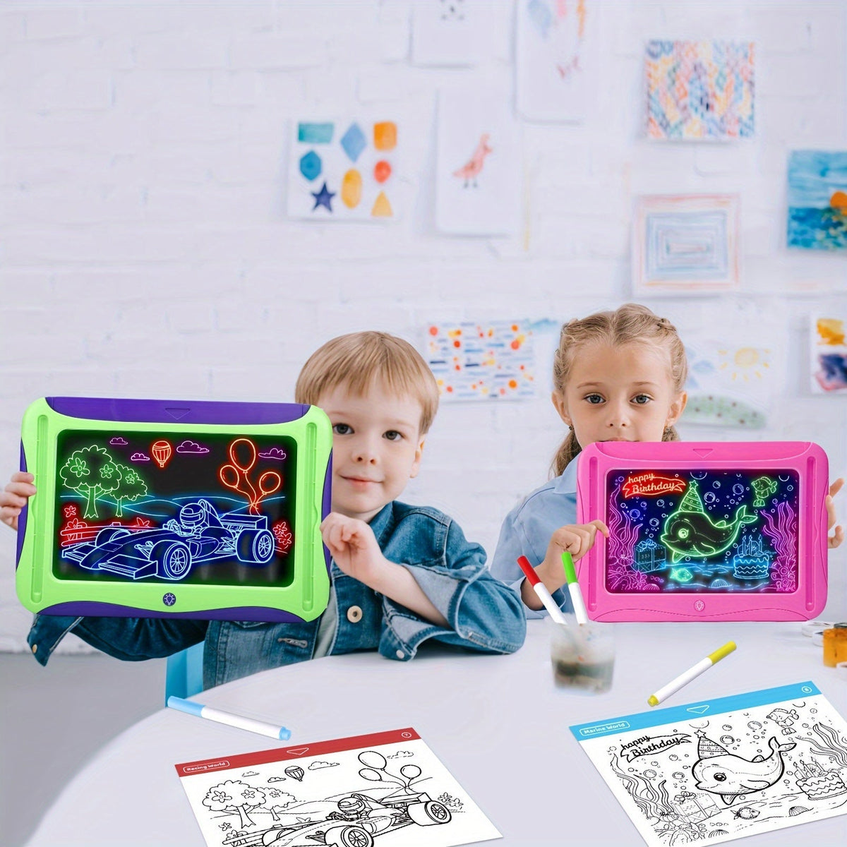 LED Light-Up Drawing Doodle Board for Kids Ages 3-8 – Glow Writing Art Set with 9 Double-Sided Cards & 6 Markers, Educational Learning Travel Toy, Birthday & Christmas Gift for Girls Boys