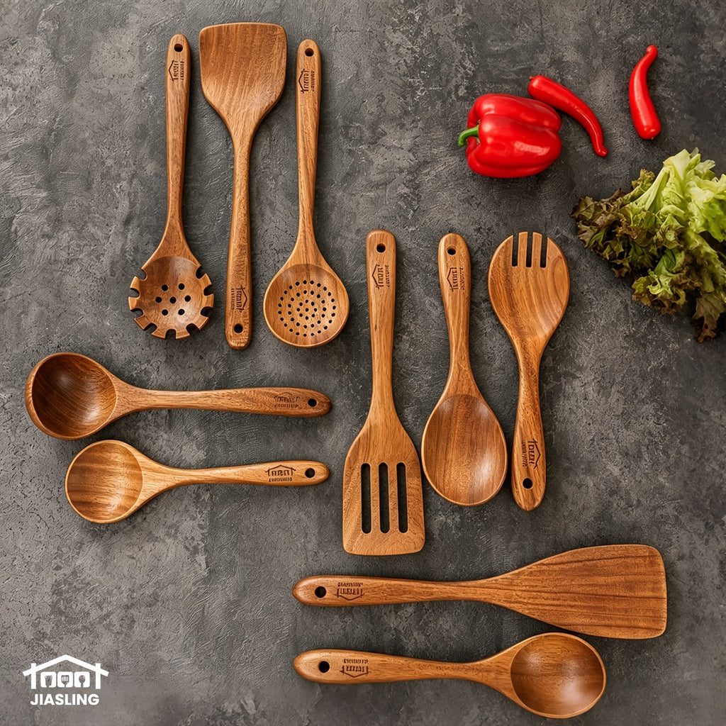 10-Piece Natural Teak Wooden Kitchen Utensils Set - Cooking Spoons, Spatulas & Shovel, Non-Stick Safe, Heat Resistant, Eco-Friendly Wood Cookware Tools for Home Kitchen