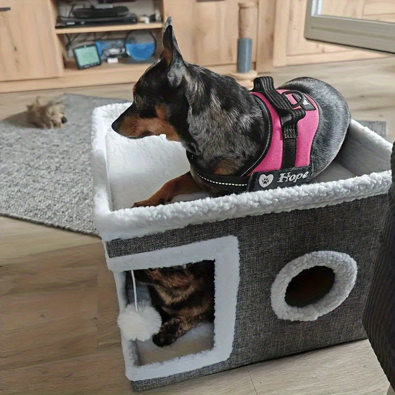 Foldable Multi-Layer Cat House with 2-Tier Bed Toy Tunnel Scratching Post Plush Hanging Ball Cozy Mat Indoor Cat Cube Enclosure Nylon Frame Canvas All-Season Cat Furniture for Indoor Cats