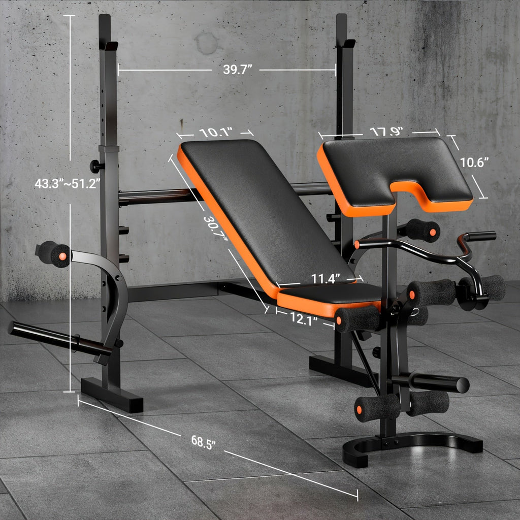 Foldable 6-in-1 Adjustable Weight Bench 770 LBS Home Gym – Flat Incline Decline Strength Training with Resistance Bands Preacher Curl Pad & Leg Developer for Full Body Workouts