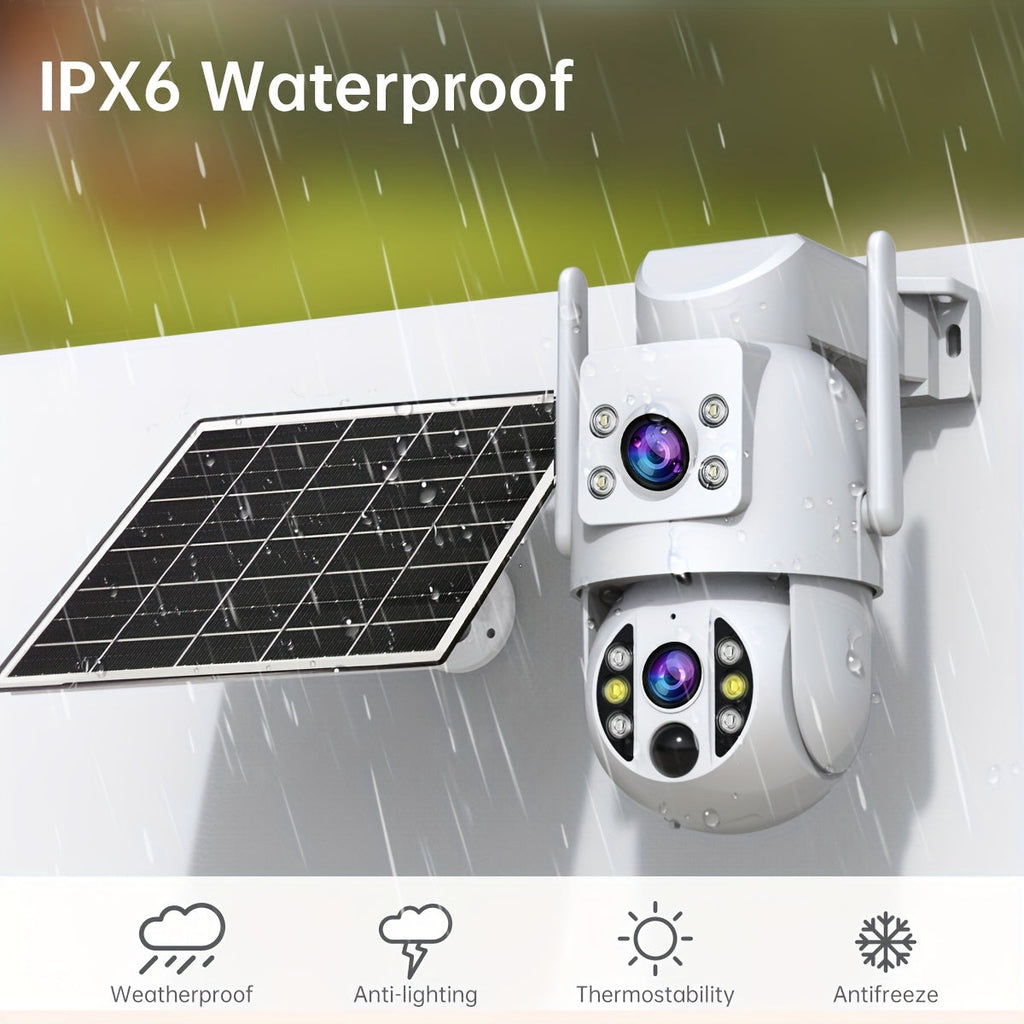Solar Security Camera Outdoor 360 Degree PTZ 1296P HD Dual Lens Color Night Vision Two-Way Audio Motion Detection WiFi SD Storage Rechargeable Battery Wall Mount