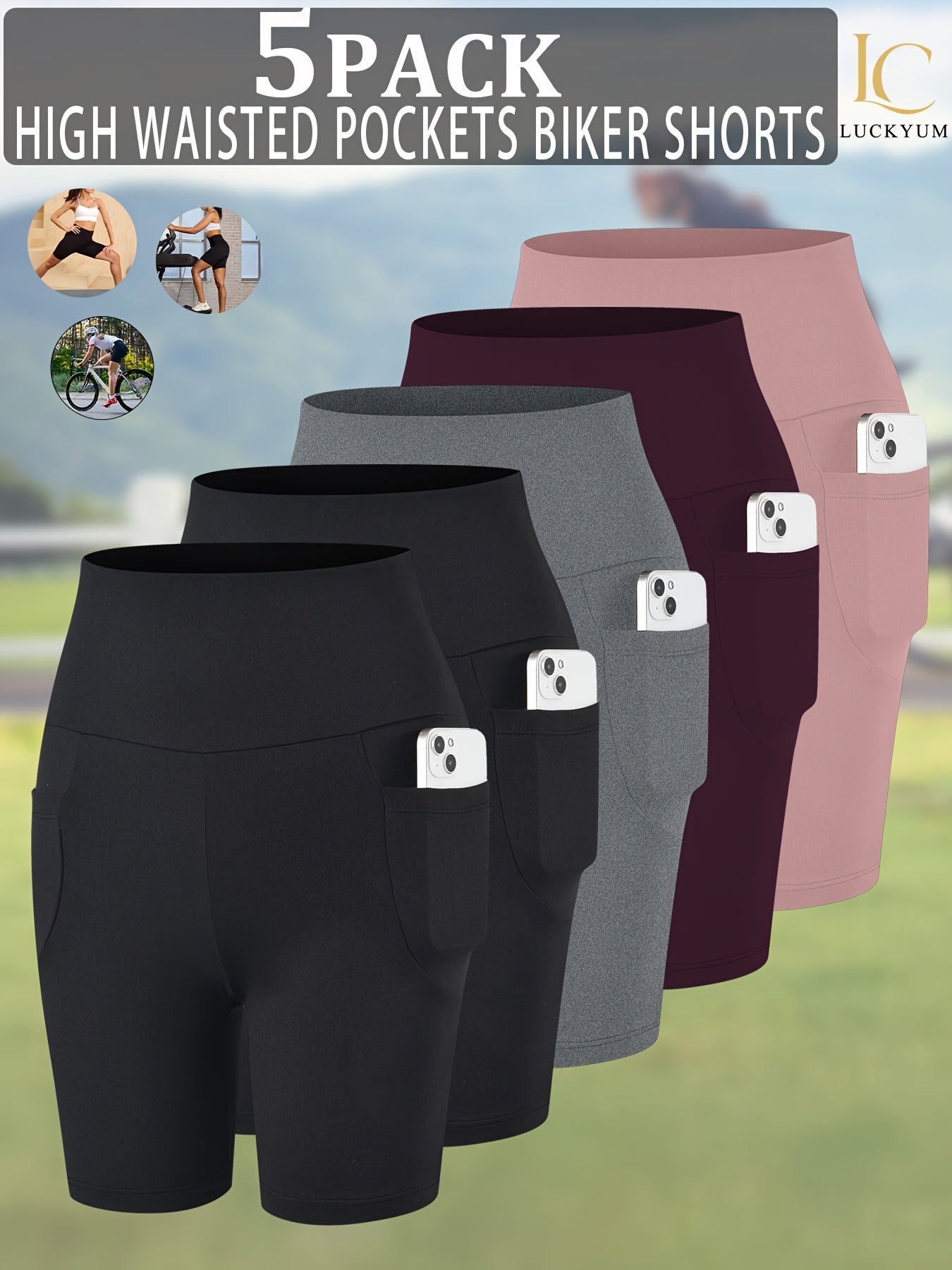 Women's High Waisted Biker Shorts 5 Pack with Pockets | Tummy Control No See-Through | 6" Inseam Workout Running Yoga Athletic Shorts | Soft Stretch | XS-XXL | Mixed Colors
