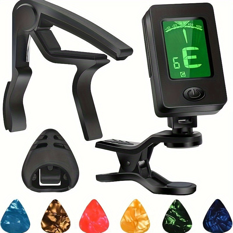 Guitar Clip-On Tuner & Capo Set with Picks 9pcs – Chromatic Multi-Mode Tuner for Acoustic, Electric, Bass, Violin & Ukulele, Spring-Loaded Capo, Rosewood Picks Included