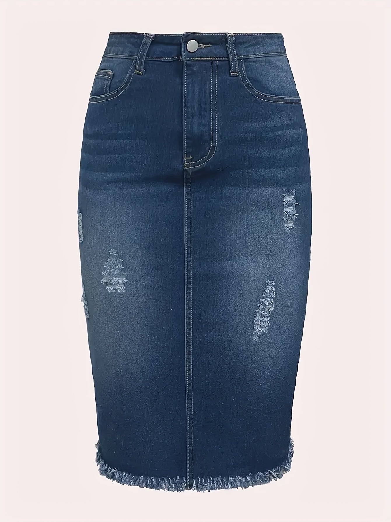 Vintage High-Waisted Denim Midi Skirt Women Stretch Raw Hem Distressed Look Machine Washable Non-Transparent Sea Blue XS-XXL Spring Summer Fall
