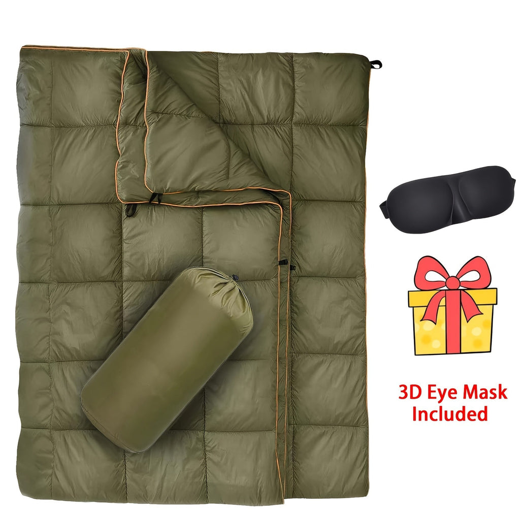 Outdoor Camping Puffy Blanket DWR Water Resistant with 3D Eye Mask – Foldable Lightweight Warm 140x200cm for Camping Travel Car Beach Stadium Festival Hammock Sofa Green Grey Black Blue