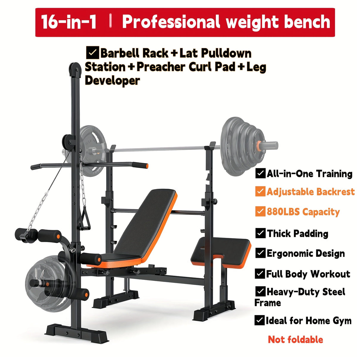 Foldable 6-in-1 Adjustable Weight Bench 770 LBS Home Gym – Flat Incline Decline Strength Training with Resistance Bands Preacher Curl Pad & Leg Developer for Full Body Workouts