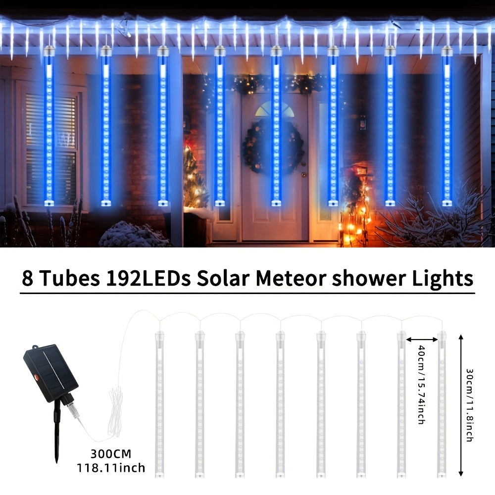 Solar Meteor Shower String Lights 192 LED Outdoor Waterproof - Flower Theme 8 Modes Fairy Lights for Garden Patio Tree Christmas Halloween Independence Day Warm White Multi-Color Blue