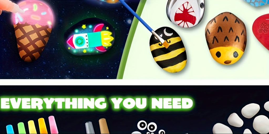 Glow in the Dark Stone Painting Kit for Kids – DIY Rock Art Craft Set with Luminescent Paint, Creative Outdoor Indoor Activity Gift for Boys Girls Birthday Party, Graffiti Painting Toy