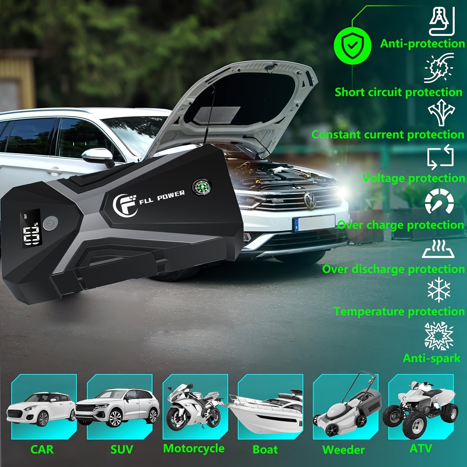 Portable Car Jump Starter Power Pack 1600A–3000A 12V Battery Booster – Compact Emergency Start for Gas & Diesel Engines with USB Charge Ports & LED Flashlight