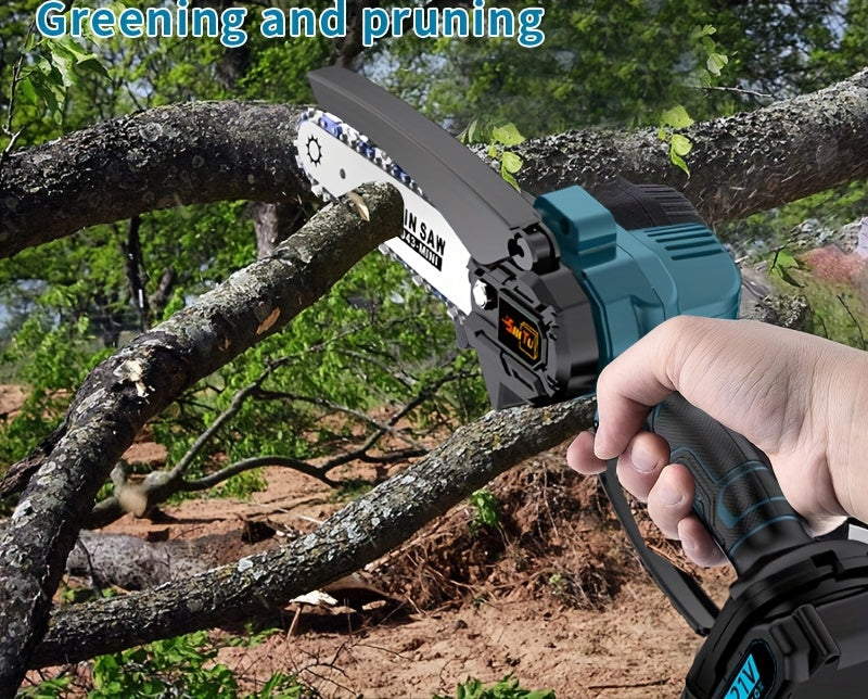 Mini Cordless Chainsaw Portable Handheld Electric Tree Cutter with Splash Guard Security Lock Rechargeable Battery for Garden Yard Branch Pruning