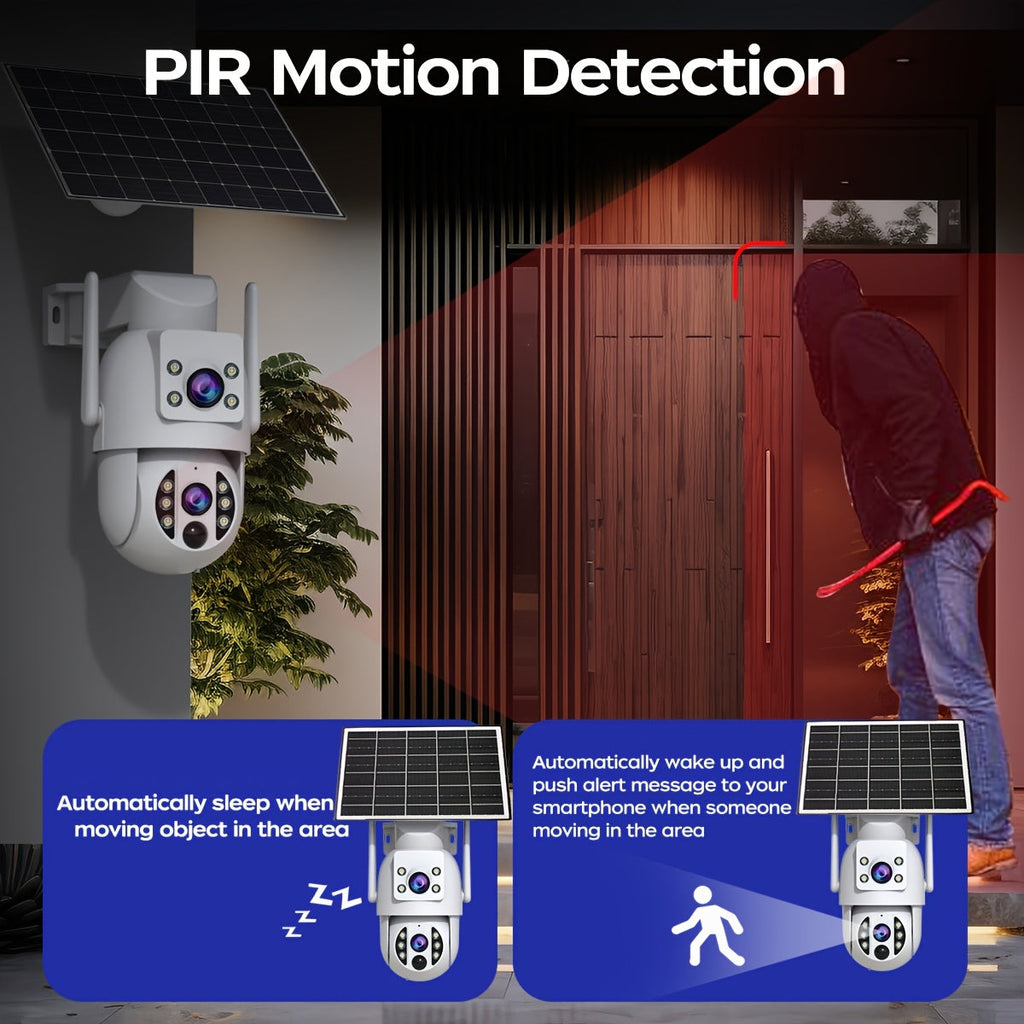 Solar Security Camera Outdoor 360 Degree PTZ 1296P HD Dual Lens Color Night Vision Two-Way Audio Motion Detection WiFi SD Storage Rechargeable Battery Wall Mount