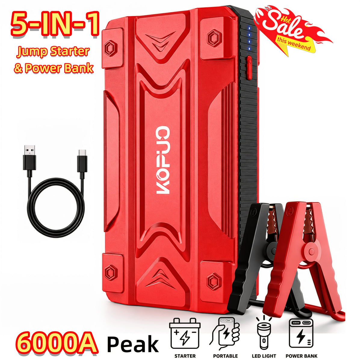 Portable Car Jump Starter with Air Compressor 20000A Peak 7 in 1 Battery Booster Pack 150PSI Tire Inflator Power Bank LED Light LCD Display Safety Hammer 12V Emergency Roadside Kit Car SUV Truck