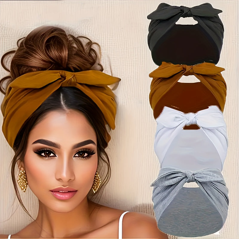 Rabbit Ear Bow Headbands for Women 4 Pack Wide – Non-Slip Elastic Sports Yoga Gym Hair Wrap Soft Thick Turban Hairband Set, Cute Bow Knot Hair Accessories Gift for Girls & Teens