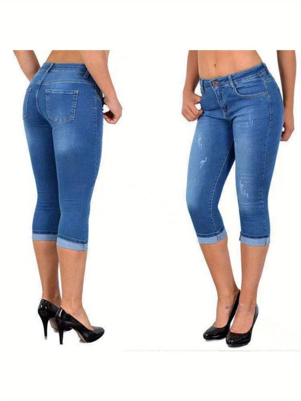 Women's Stretch Skinny Capri Jeans – Slim Fit Cropped Denim Pants with Elastic Waistband, Soft Machine Washable Fabric, Street Style Summer Casual, 3 Colors, Sizes S-XXL