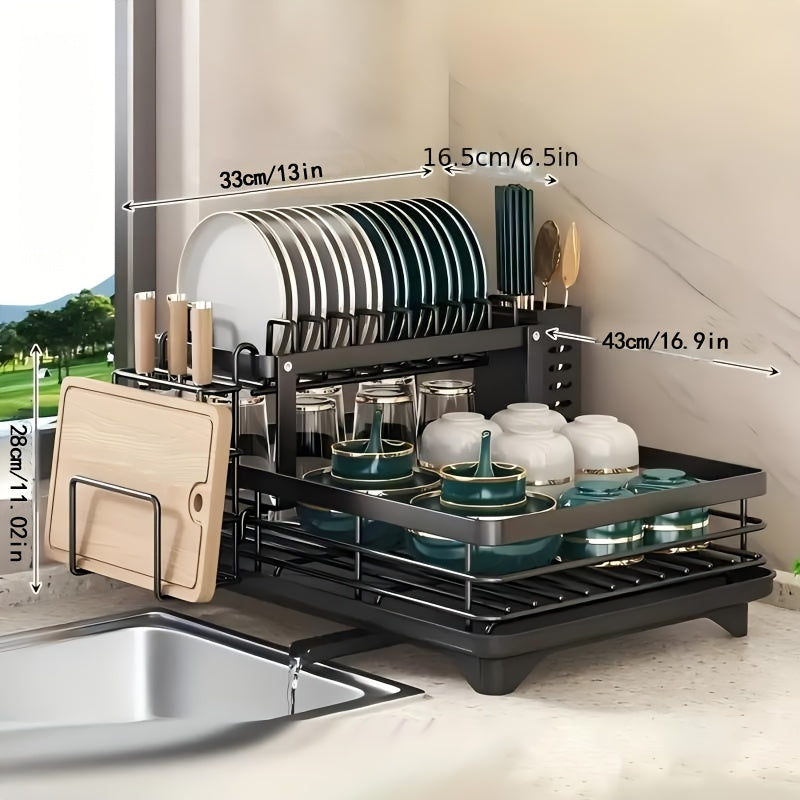2-Tier Dish Drying Rack Kitchen Counter Drainboard Drain Mat Knife Fork Cup Holder Utensil Organizer Dish Drainer Kitchen Gadget Gift for Women Mother's Day Black Gray White