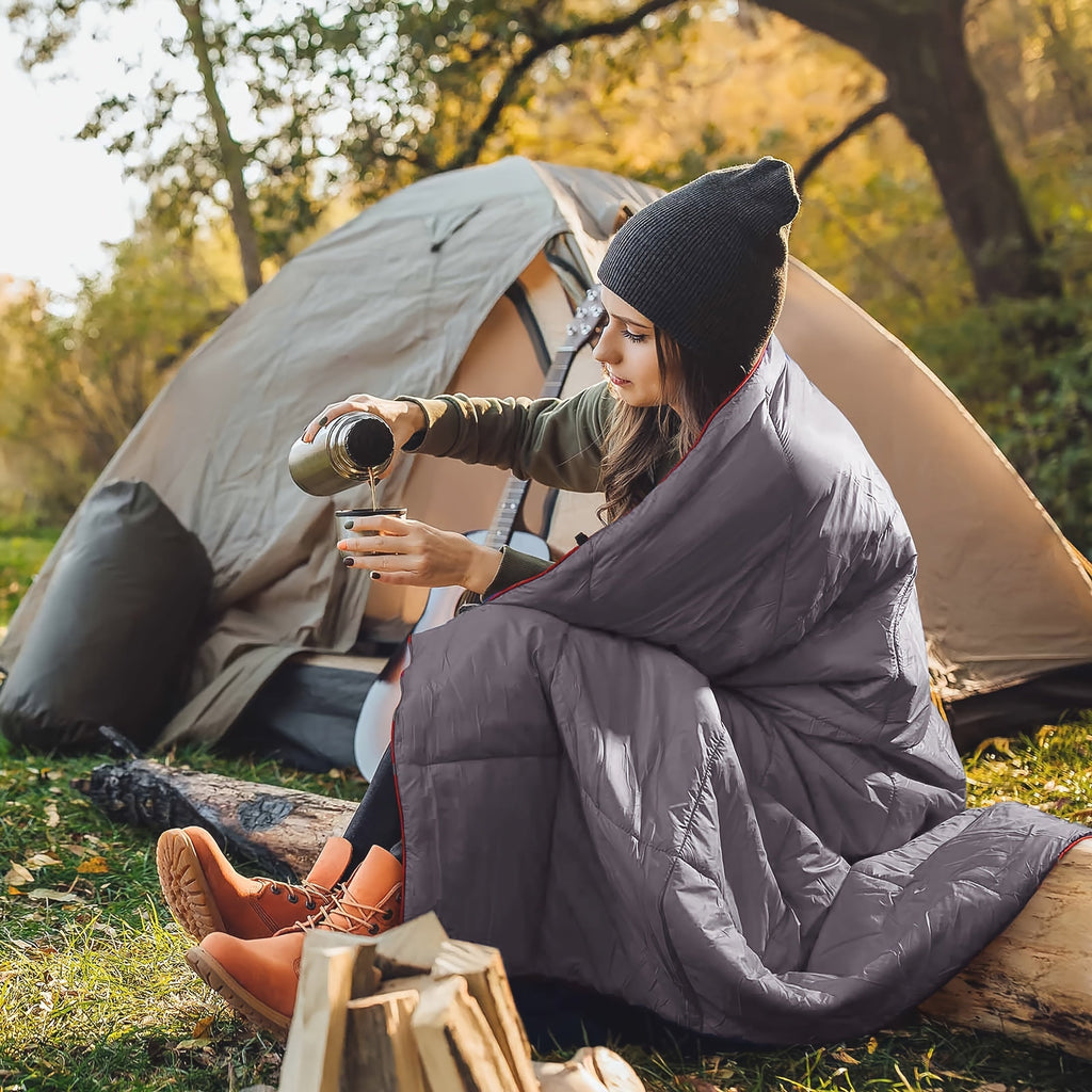 Outdoor Camping Puffy Blanket DWR Water Resistant with 3D Eye Mask – Foldable Lightweight Warm 140x200cm for Camping Travel Car Beach Stadium Festival Hammock Sofa Green Grey Black Blue