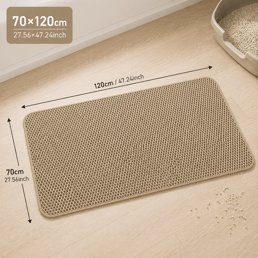 Cat Litter Mat Extra Large 27.6x47.2 Inch Honeycomb Double Layer Anti-Tracking EVA Non-Slip Waterproof Litter Trapper for Multi-Cat Households Easy to Clean Fits Large Litter Boxes Gray Khaki