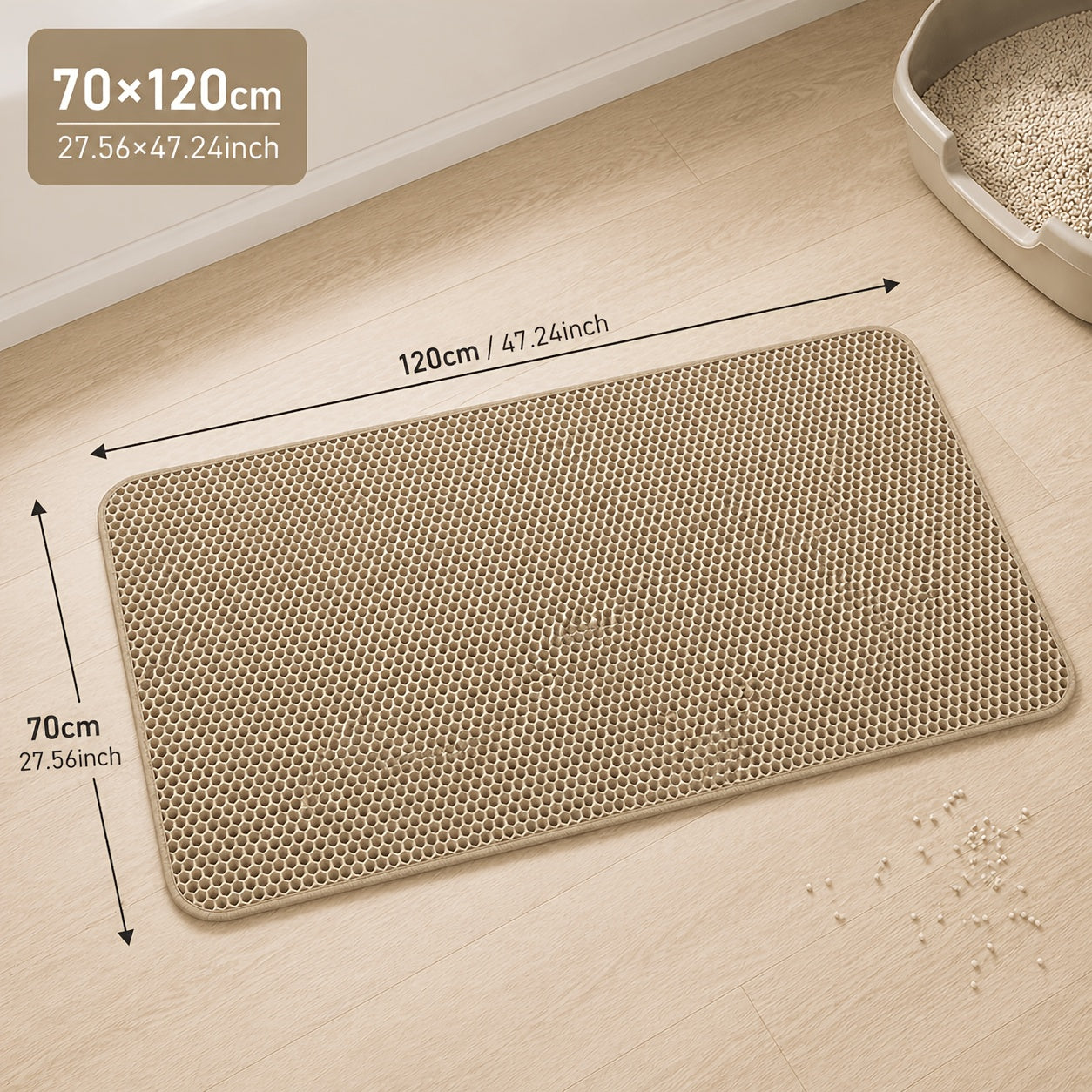Cat Litter Mat Extra Large 27.6x47.2 Inch Honeycomb Double Layer Anti-Tracking EVA Non-Slip Waterproof Litter Trapper for Multi-Cat Households Easy to Clean Fits Large Litter Boxes Gray Khaki