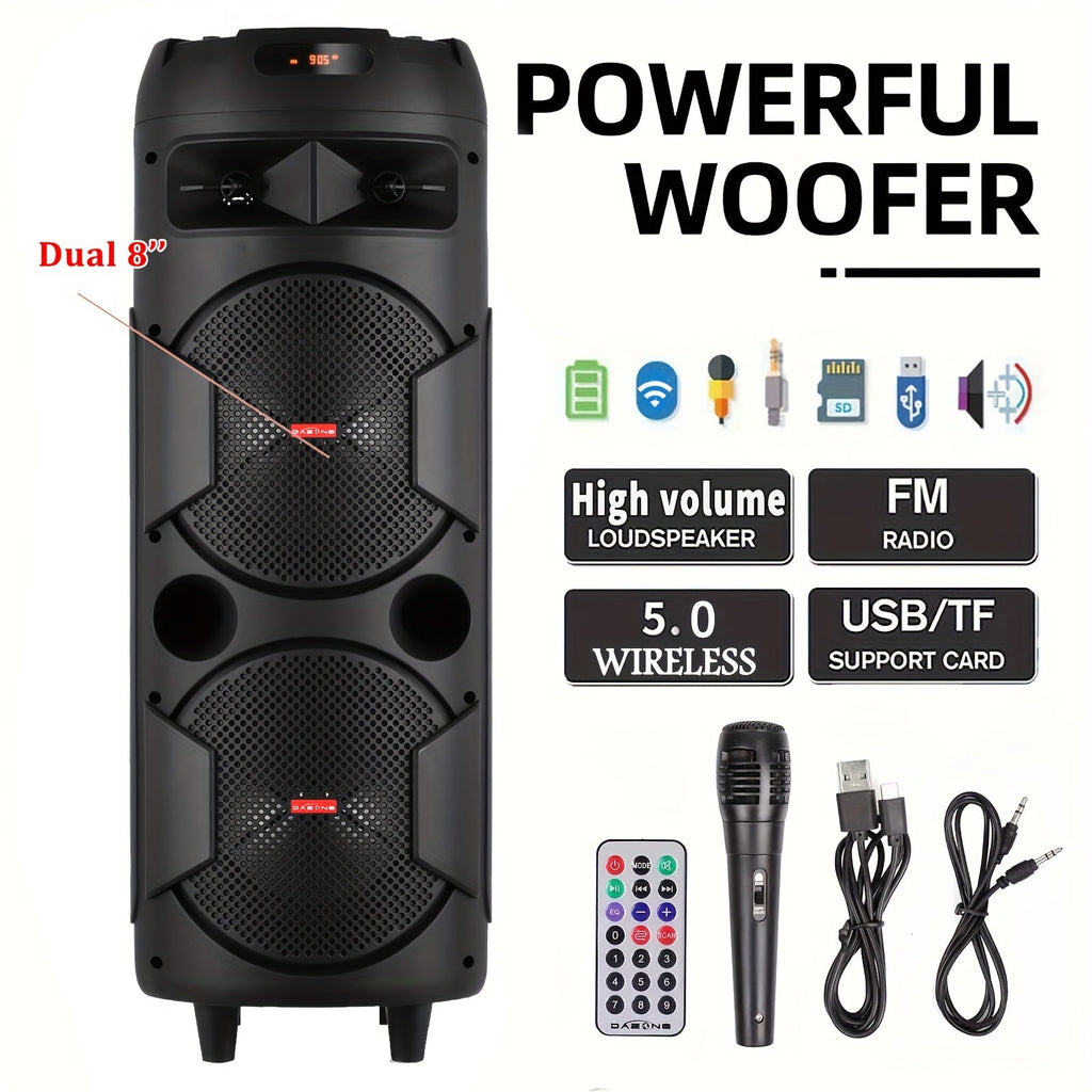 6000W Dual 8" Portable Wireless PA Speaker System – Rechargeable 1800mAh Battery, Wired Mic, Party Lights, Subwoofer, USB/AUX/FM for DJ, Outdoor & Party