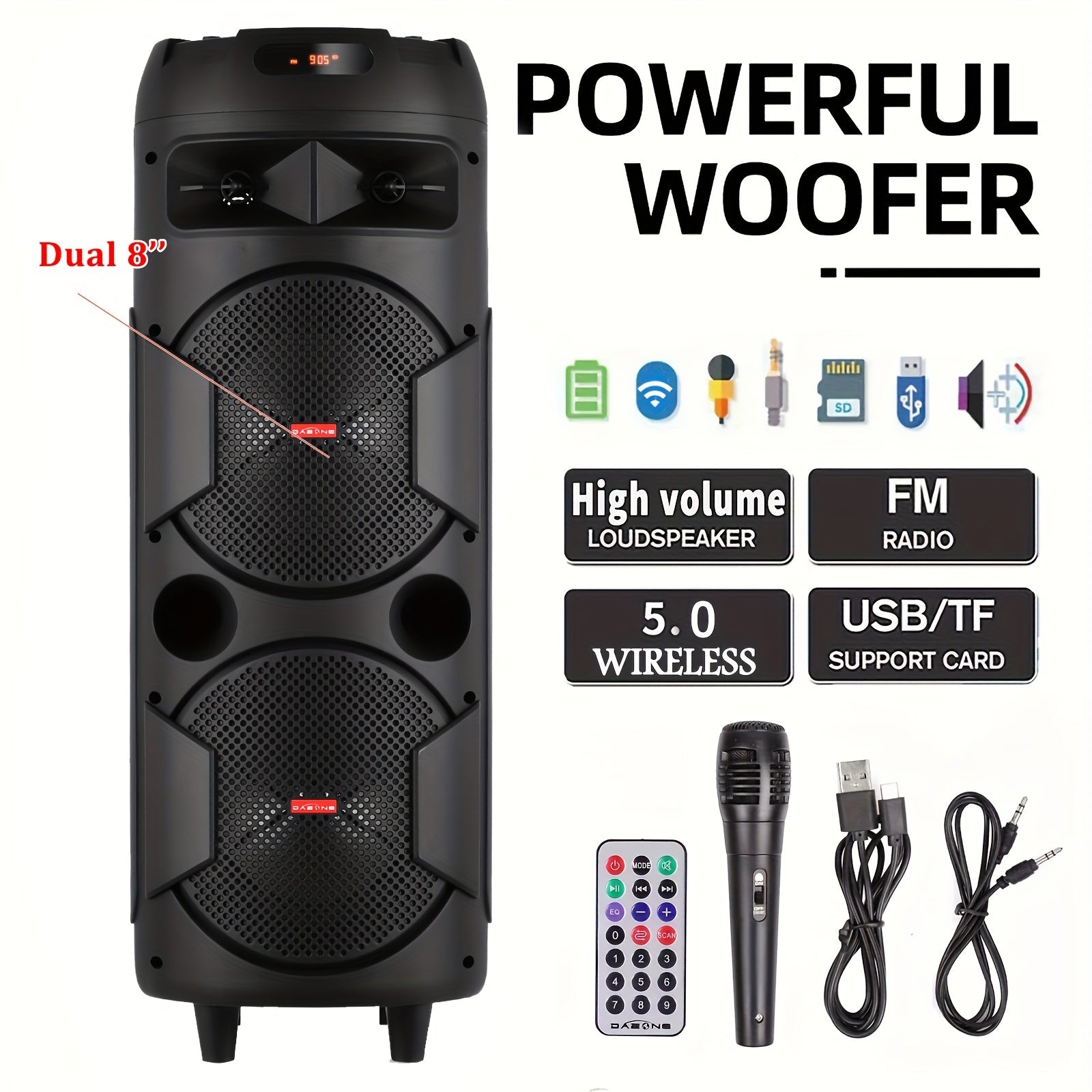 6000W Dual 8" Portable Wireless PA Speaker System – Rechargeable 1800mAh Battery, Wired Mic, Party Lights, Subwoofer, USB/AUX/FM for DJ, Outdoor & Party