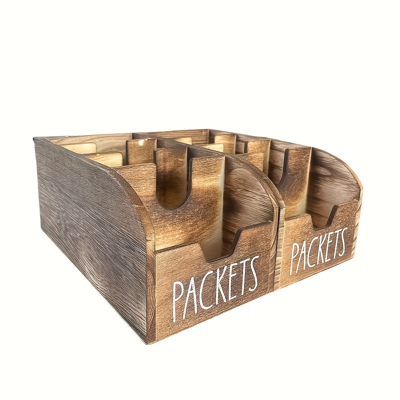 Wooden Divided Spice Box Vintage Rustic Kitchen Countertop Organizer, Multi-Compartment Storage Container for Seasoning Bags, Tea Bags, Coffee & Snacks, Space-Saving Home Decor Display Rack