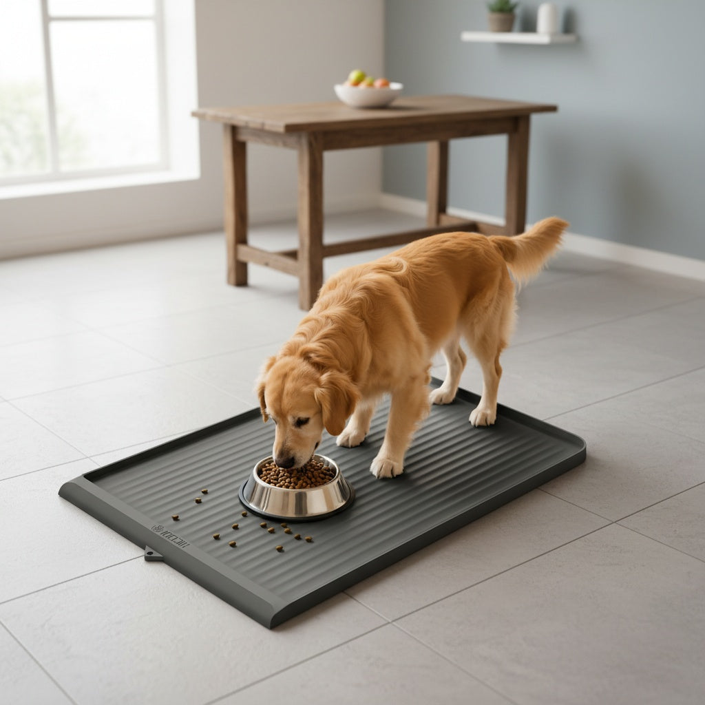 36"x24" Waterproof Pet Feeding Mat Large Non-Slip Dog & Cat Food Mat – Raised Edges, Diversion Grooves, Easy Clean Bowl Mat for Food & Water, Grey