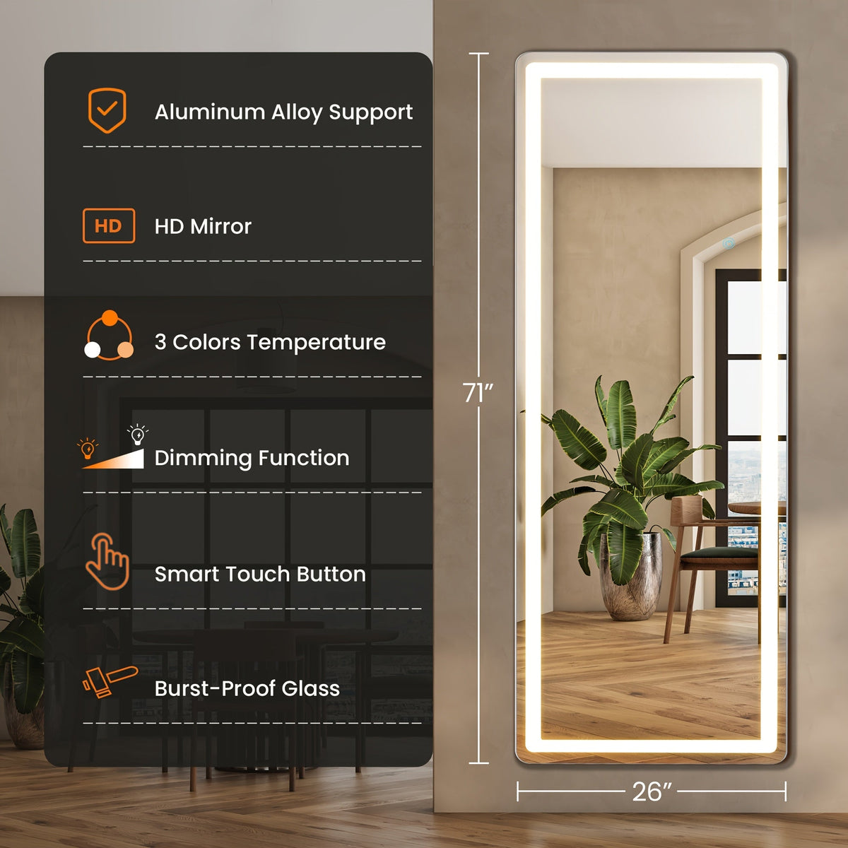 Full Length Floor Mirror with LED Lights - Arched & Rectangle Top, Aluminum Frame, 71" Standing Dressing Mirror for Bedroom & Living Room, Black Gold White, 5mm Tempered Glass
