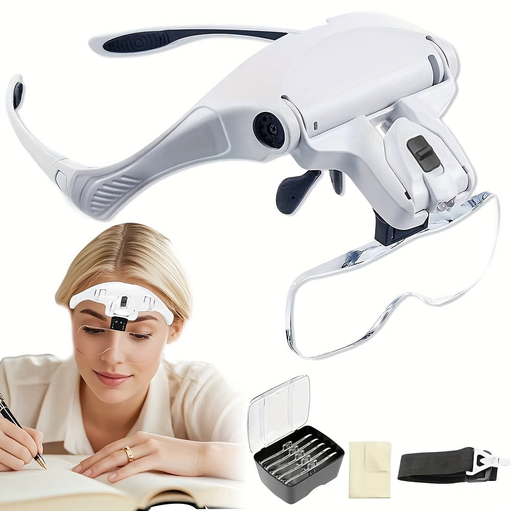 Head Mounted Magnifier with LED Light and 5 Interchangeable Lenses 1.0X to 3.5X – Adjustable Headband Magnifying Headset for Jewelry Making Electronics Repair Model Building Soldering Reading and Precision Work