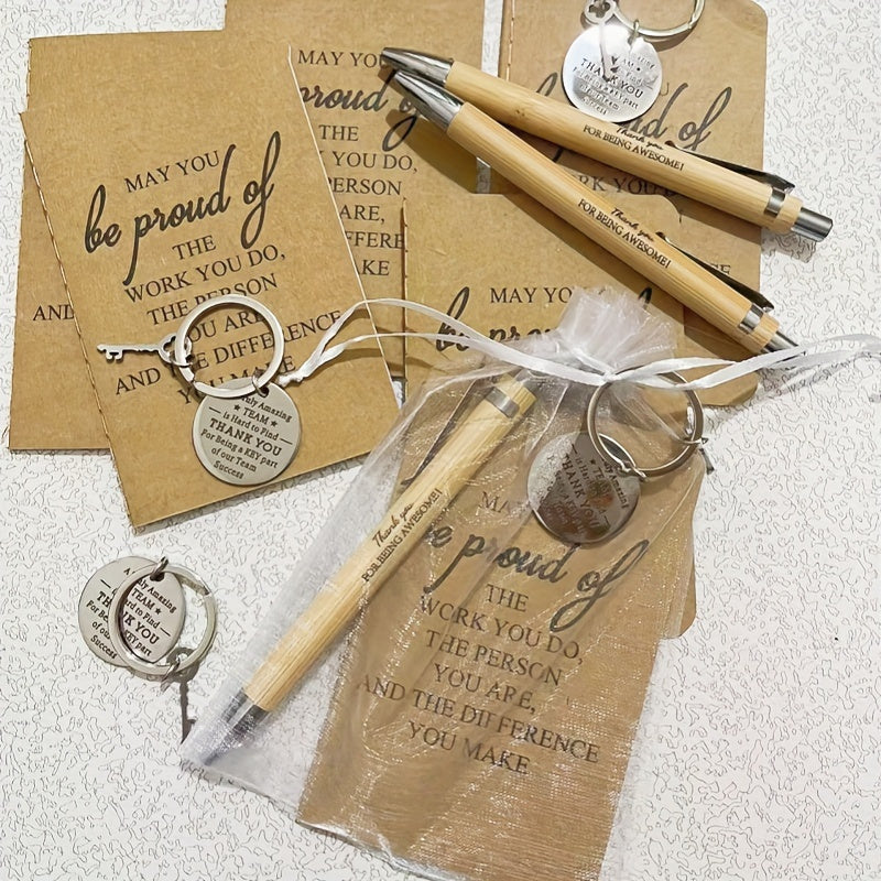 24 Piece Inspirational Gift Set Bulk Bamboo Retractable Pen Keychain Gratitude Notebook Gift Bag Appreciation Gifts for Employees Teachers Coworkers Holiday