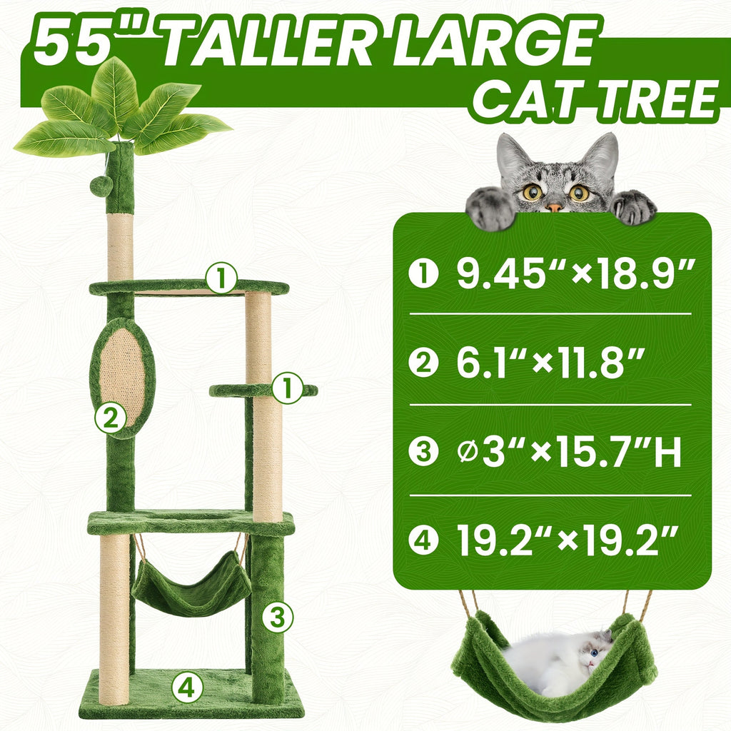 55 Inch Cat Tree for Indoor Cats with Green Leaves – Multi-Level Large Cat Tower with Hammock Sisal Scratching Posts Hanging Ball Toy Cat Furniture for Living Room Bedroom