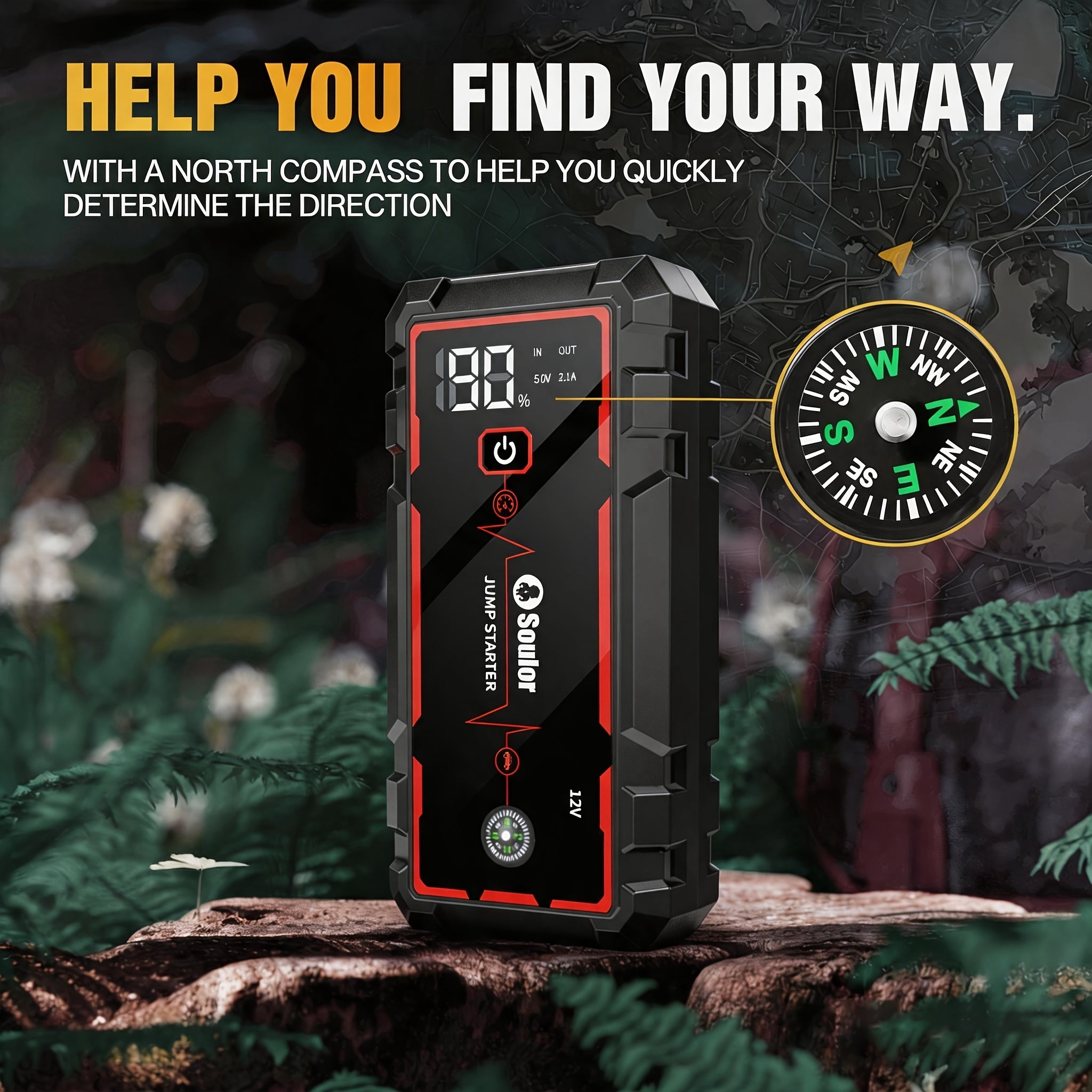 Portable Car Jump Starter 3000A-6000A – 12V Lithium Battery Booster Pack, Dual USB QC 3.0 Fast Charging Power Bank, LED Light & Compass, Fits All Gas Engines