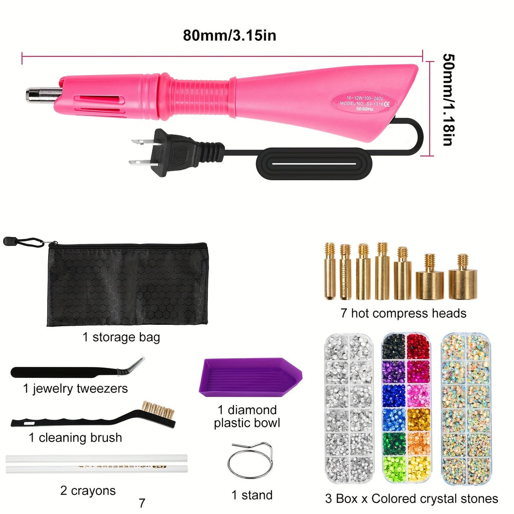 Hotfix Rhinestone Applicator Kit Complete Bedazzling Set with Wand 7 Tips Multi-Color Crystal Rhinestones Tweezers Wax Pens Storage Bag DIY Bling Tool for Clothing Fabric Leather Shoes Bags Crafts