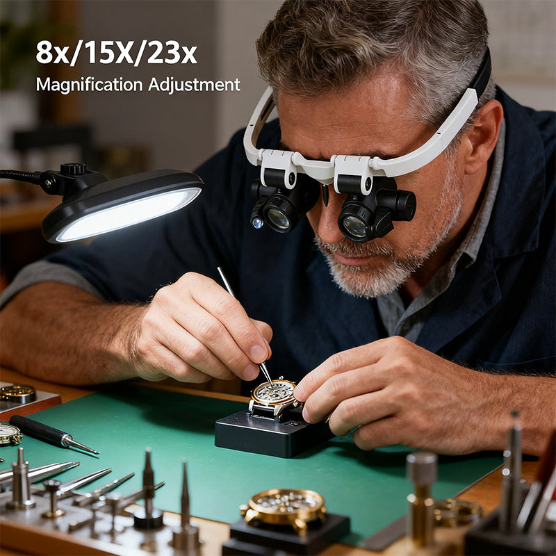 Head Mounted Magnifier 8X 15X 23X Hands-Free Dual Lens Magnifying Headset with Adjustable Headband – Precision Magnifier for Jewelry Making Electronics Repair Soldering Crafting Diamond Painting and Reading