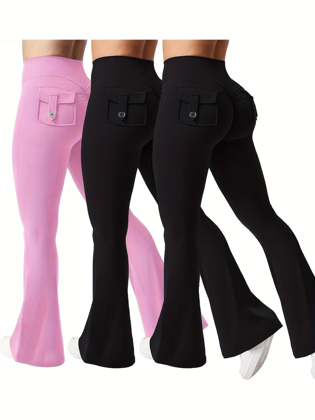 Women's 3-Piece High Waist Flare Yoga Pants Set with Belt and Pockets, Scrunch Butt Lifting Squat Proof 90% Polyester Stretchy Flared Leggings for Workout Gym Running Casual Wear