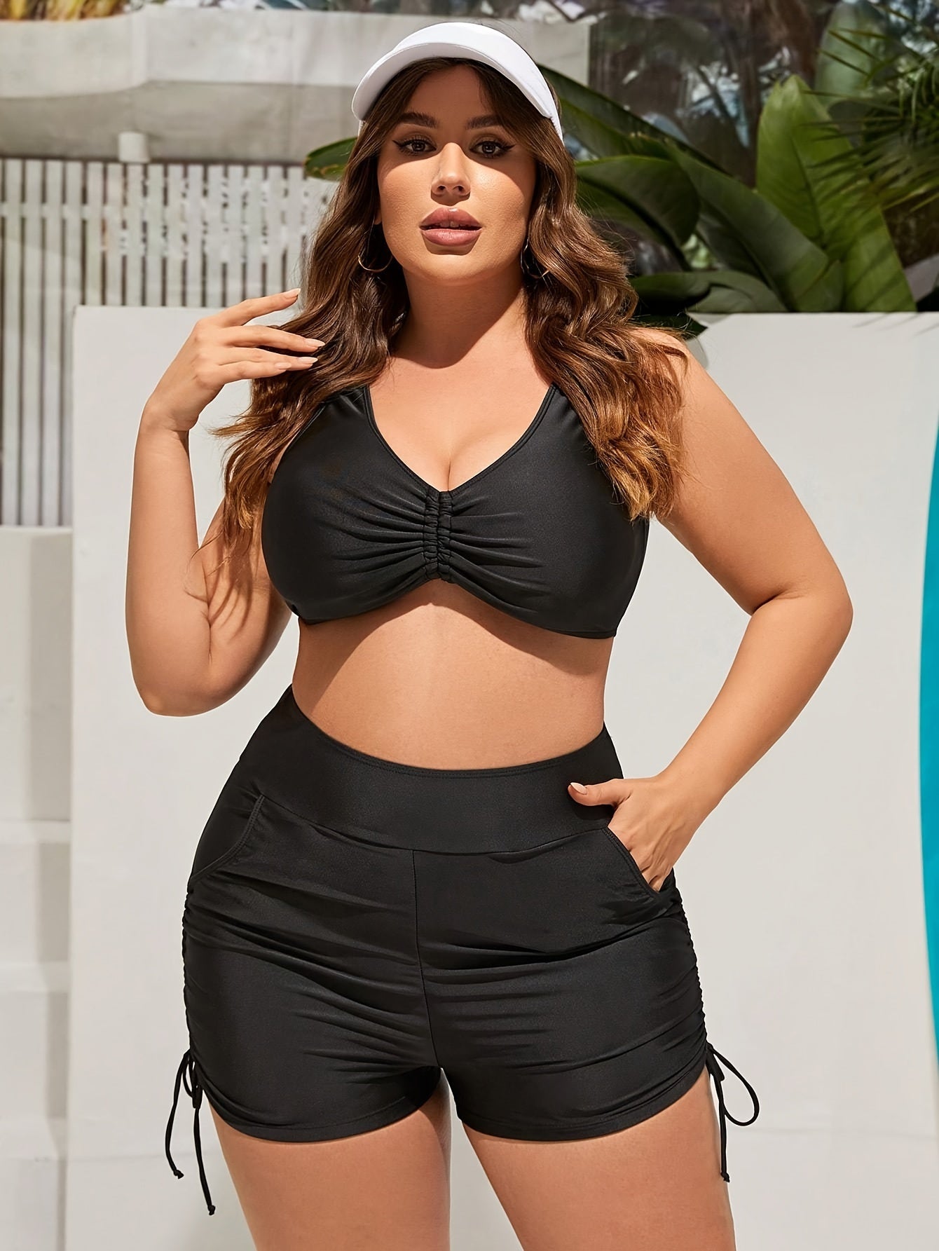 Women's Plus Size High-Waisted Swim Shorts Retro Stretchy Drawstring Pockets Machine Washable Beach Pool Swimwear Bottoms 0XL 1XL 2XL 3XL 4XL Black