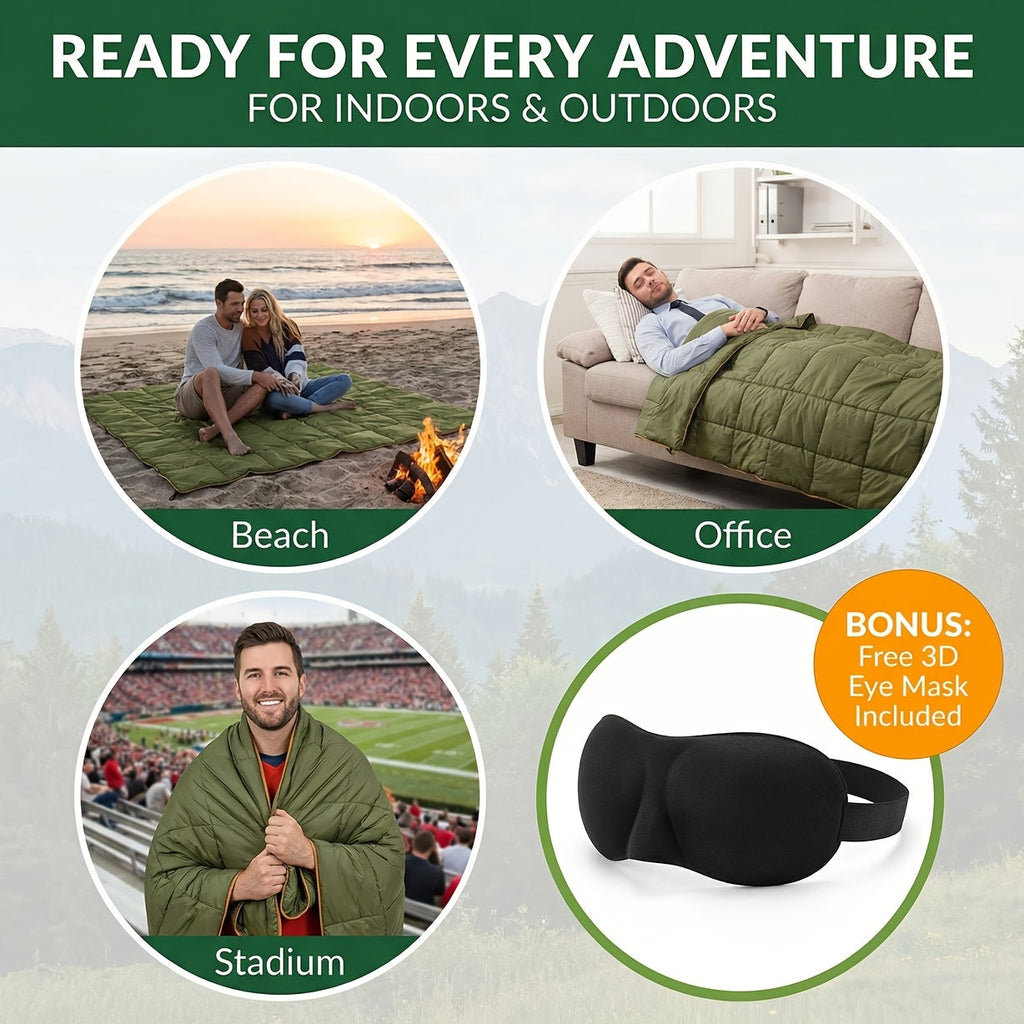 Outdoor Camping Puffy Blanket DWR Water Resistant with 3D Eye Mask – Foldable Lightweight Warm 140x200cm for Camping Travel Car Beach Stadium Festival Hammock Sofa Green Grey Black Blue