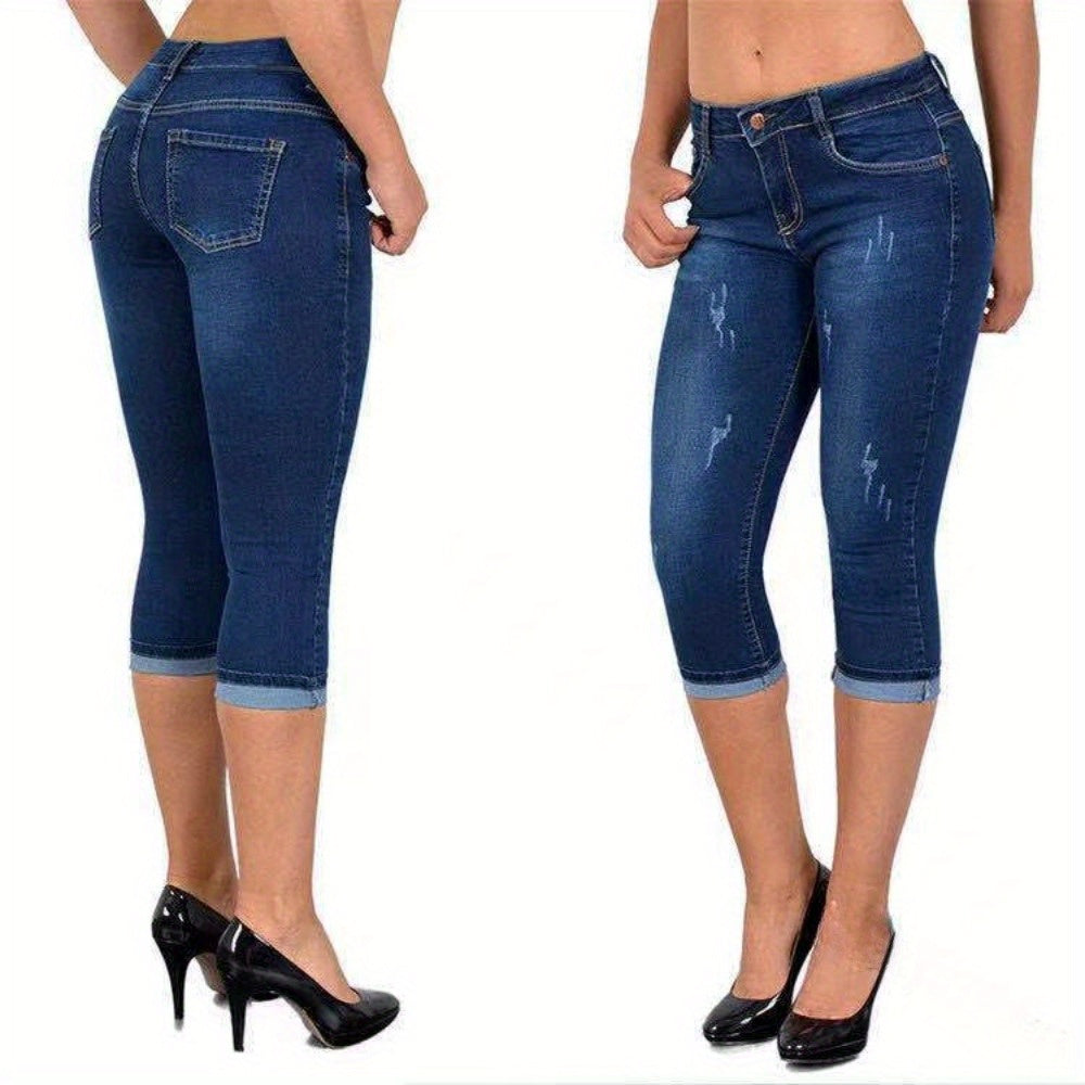 Women's Stretch Skinny Capri Jeans – Slim Fit Cropped Denim Pants with Elastic Waistband, Soft Machine Washable Fabric, Street Style Summer Casual, 3 Colors, Sizes S-XXL