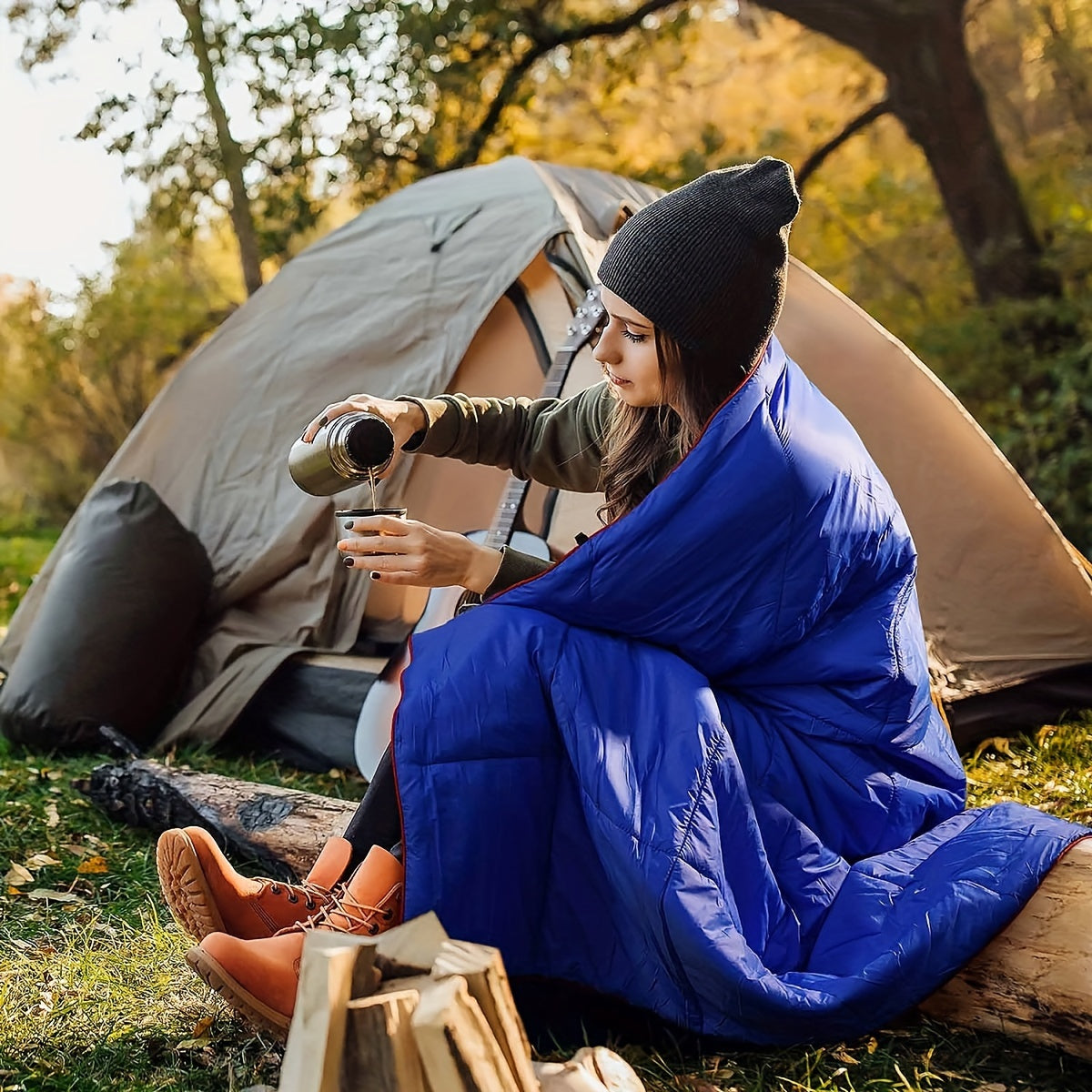 Outdoor Camping Puffy Blanket DWR Water Resistant with 3D Eye Mask – Foldable Lightweight Warm 140x200cm for Camping Travel Car Beach Stadium Festival Hammock Sofa Green Grey Black Blue