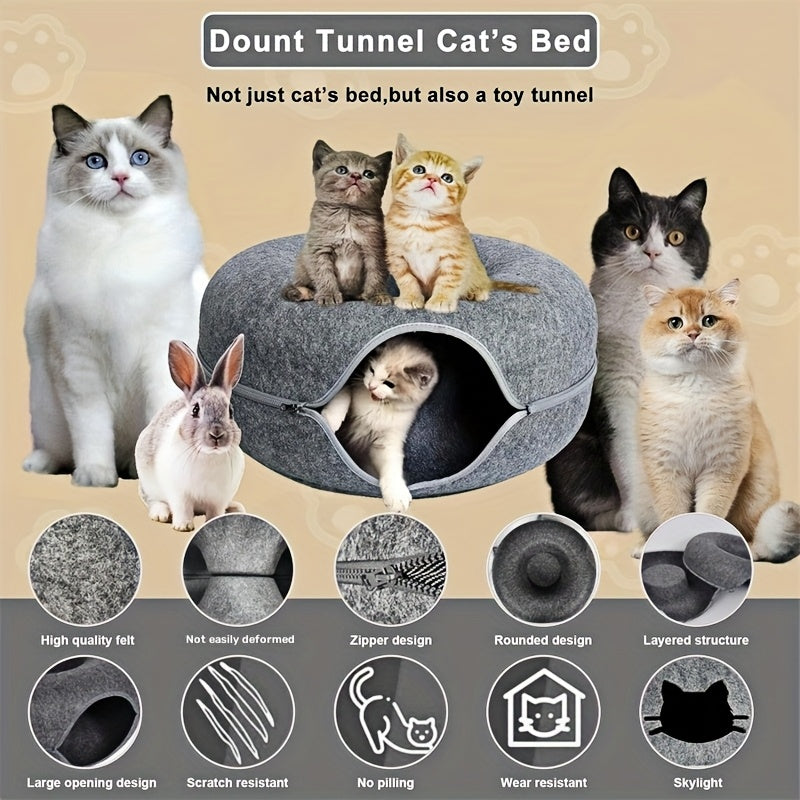 Cat Tunnel Bed with Donut Hole Indoor Hiding Place - All-Season Collapsible Soft Plush Cat Cave Bed for Indoor Cats, Dark Gray & Light Gray, 20 & 24 Inch, Perfect Cat Gift