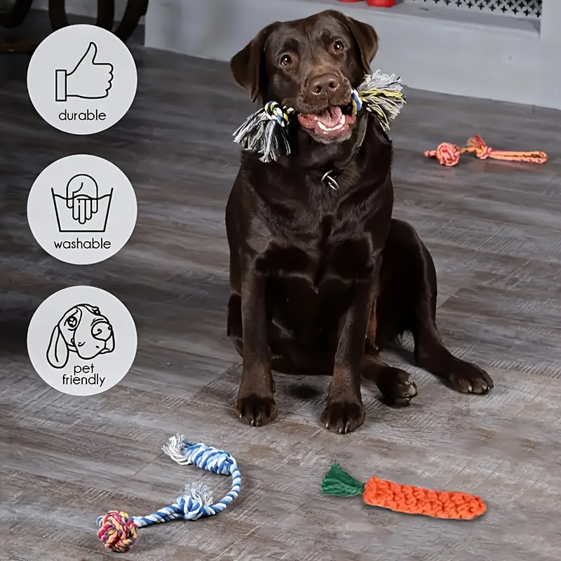 Interactive Dog Toy Set 6 & 12 Pcs Squeaky Knot Fabric Chew Toys with Cartoon Patterns – Teeth Cleaning Training Play Set for All Breed Sizes, Squeakers Knot Toys & Balls, No Battery Needed