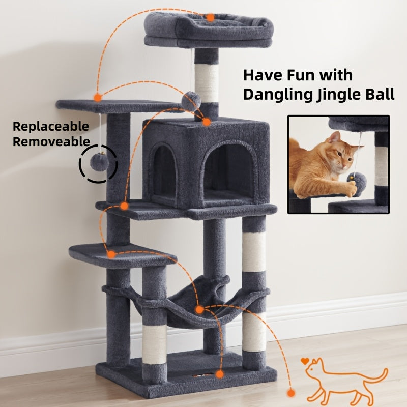 Cat Tree Tower 44 or 66 Inch Multi-Level Hammock Cozy Cave 4 Sisal Posts 2 Perches Anti-Tilt 10-Min Assembly Indoor Cats Kittens Multi-Cat Dark Gray Light Gray White Beige
