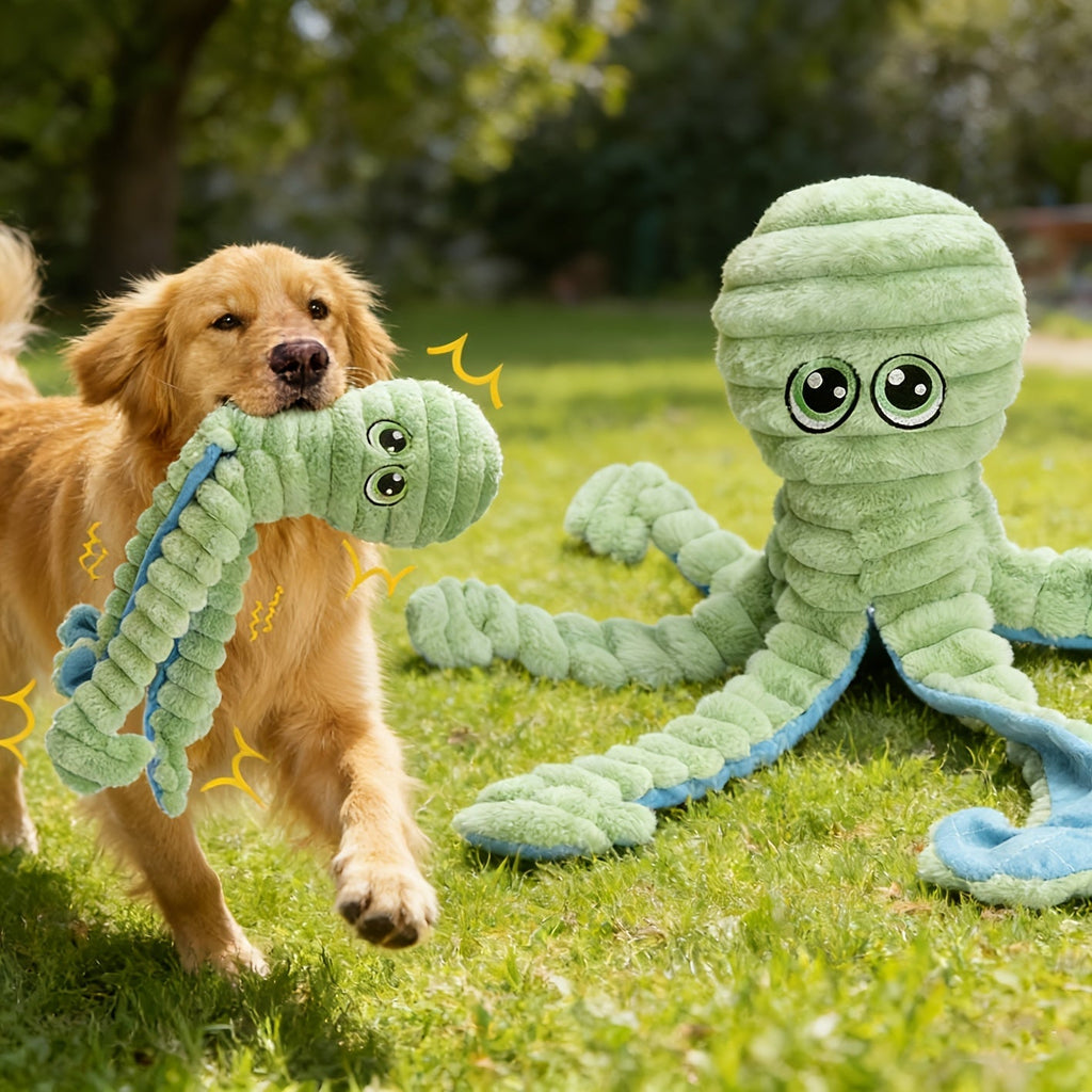 Squeaky Octopus Plush Dog Chew Toy Interactive Stuffed Squeaker Toy Puppies Dogs Soft Teeth Cleaning Chewable Small Medium Large Breeds 5 Colors Green Blue Pink Yellow Red