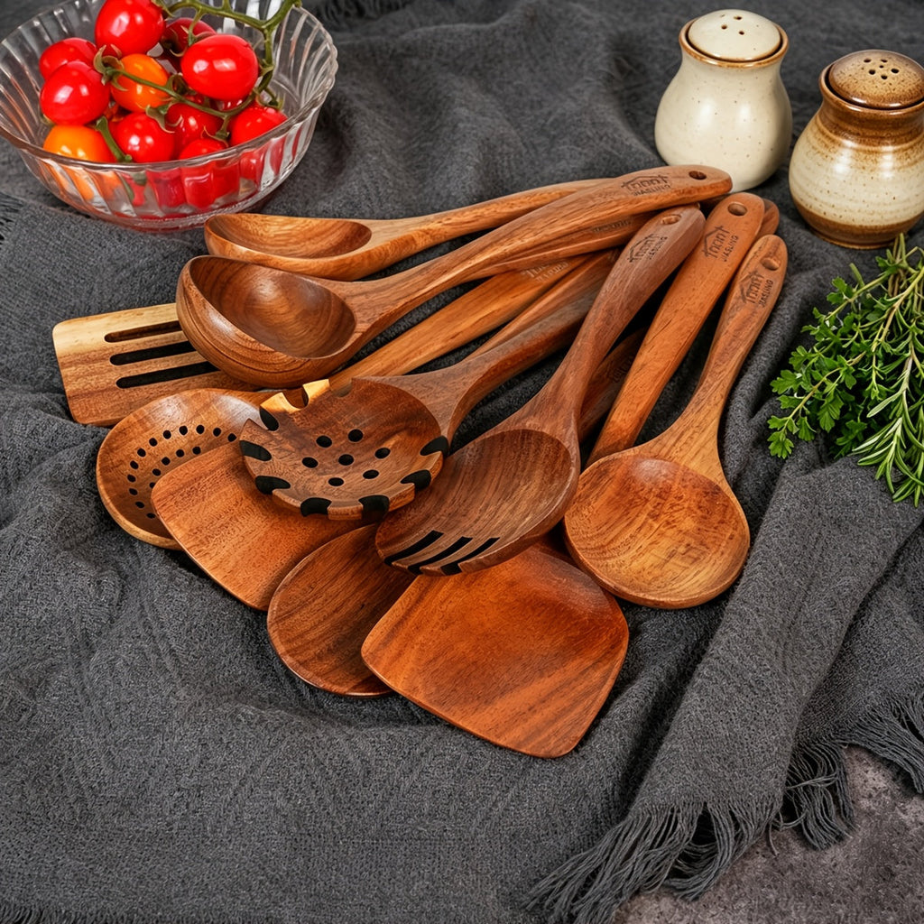 10-Piece Natural Teak Wooden Kitchen Utensils Set - Cooking Spoons, Spatulas & Shovel, Non-Stick Safe, Heat Resistant, Eco-Friendly Wood Cookware Tools for Home Kitchen