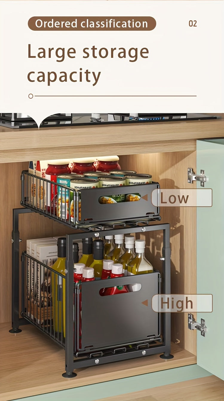Under Sink Organizer 2-Tier Pull-Out Cabinet Shelf with Adjustable Height, Sturdy Carbon Steel Kitchen Storage Rack, Space-Saving Bathroom & Pantry Cabinet Organizer for Kitchen Organization