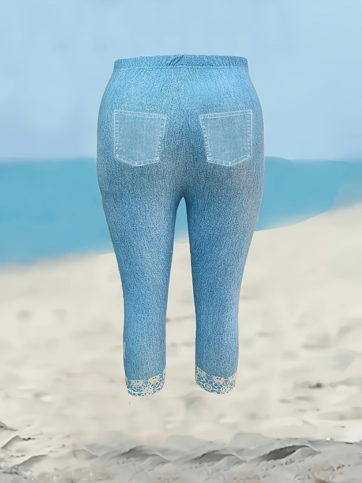 Butterfly Print Denim-Style Capri Pants Women Stretch Slim-Fit Mid-Length Leggings Lace Trim Sky Blue All-Season Casual Elegant S-XXL