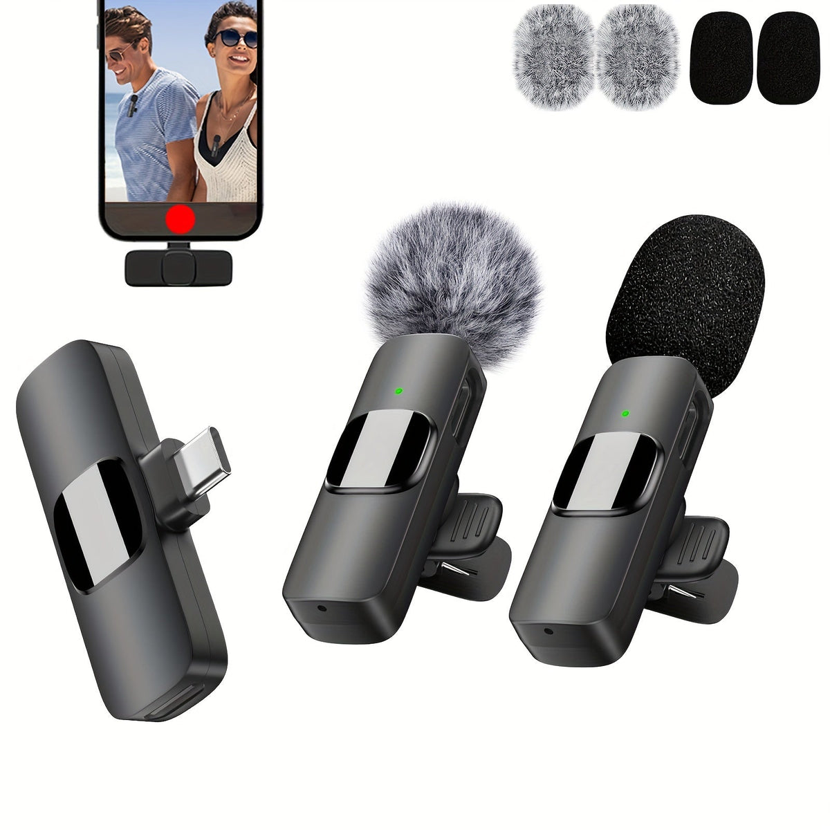 Clip-On Wireless Lavalier Microphone with 360° Omnidirectional Pickup, Noise Reduction & USB-C Rechargeable – 2-in-1 Voice Control for Streaming, Podcasts, Vlogging & Recording, Black & Pink
