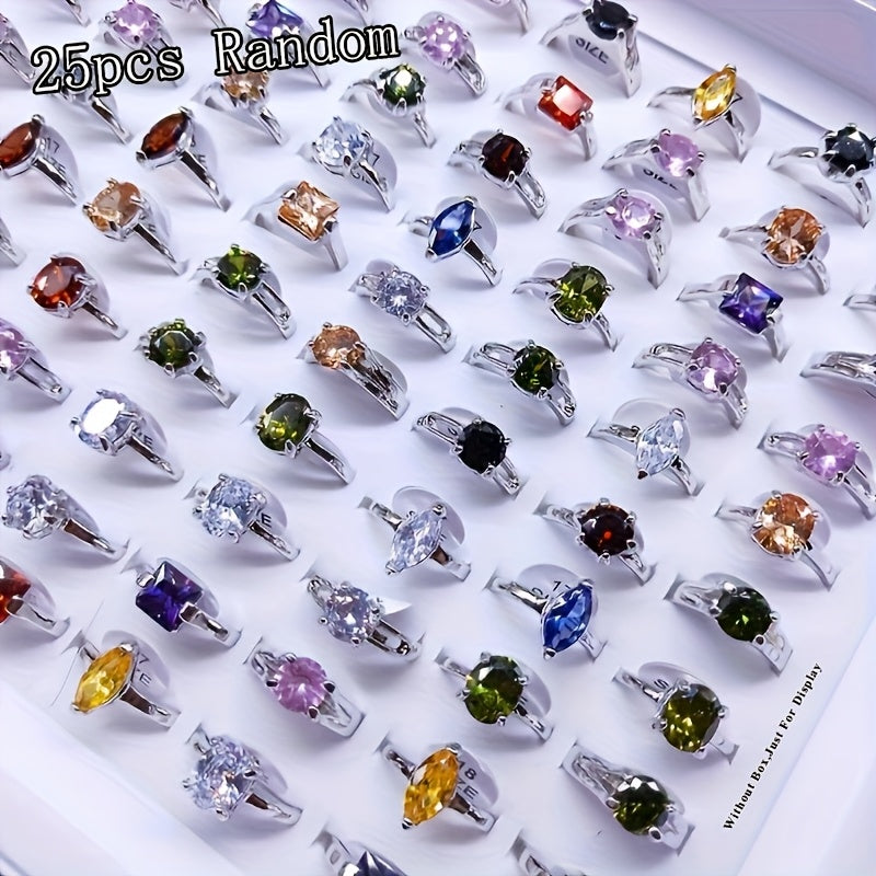 25-Piece Cubic Zirconia Stackable Ring Set Silver Gold – Geometric CZ Rings Multi-Color Variety Pack for Women Teen Girls, Wedding Engagement Party Daily Wear Jewelry Gift